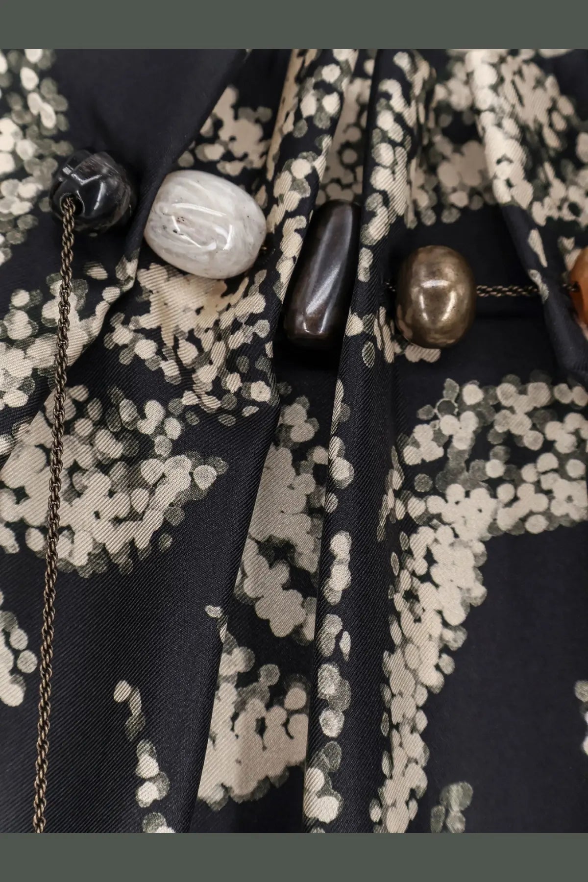 Max Mara women’s mxmcartone black silk dress with black and white floral scarf and polished stone pendants