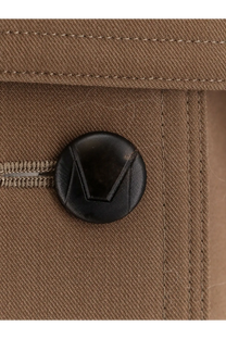 Black circular button with stitched v design on tan fabric of max mara women’s mxmcerto virgin wool brown trench coat