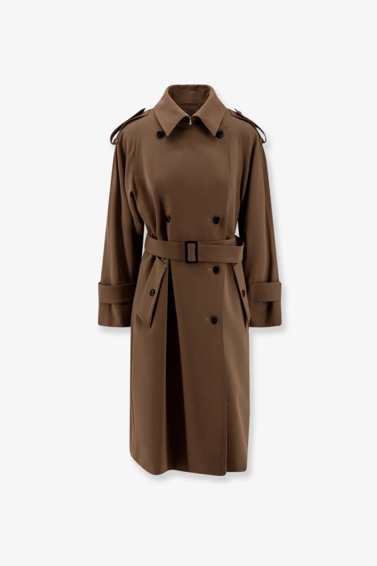 Max Mara women’s Mxmcerto brown virgin wool trench coat with structured collar black buttons and matching belt