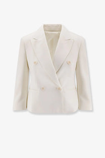 Cream-colored Max Mara women’s double-breasted blazer with subtle texture matching buttons made from stretch virgin wool
