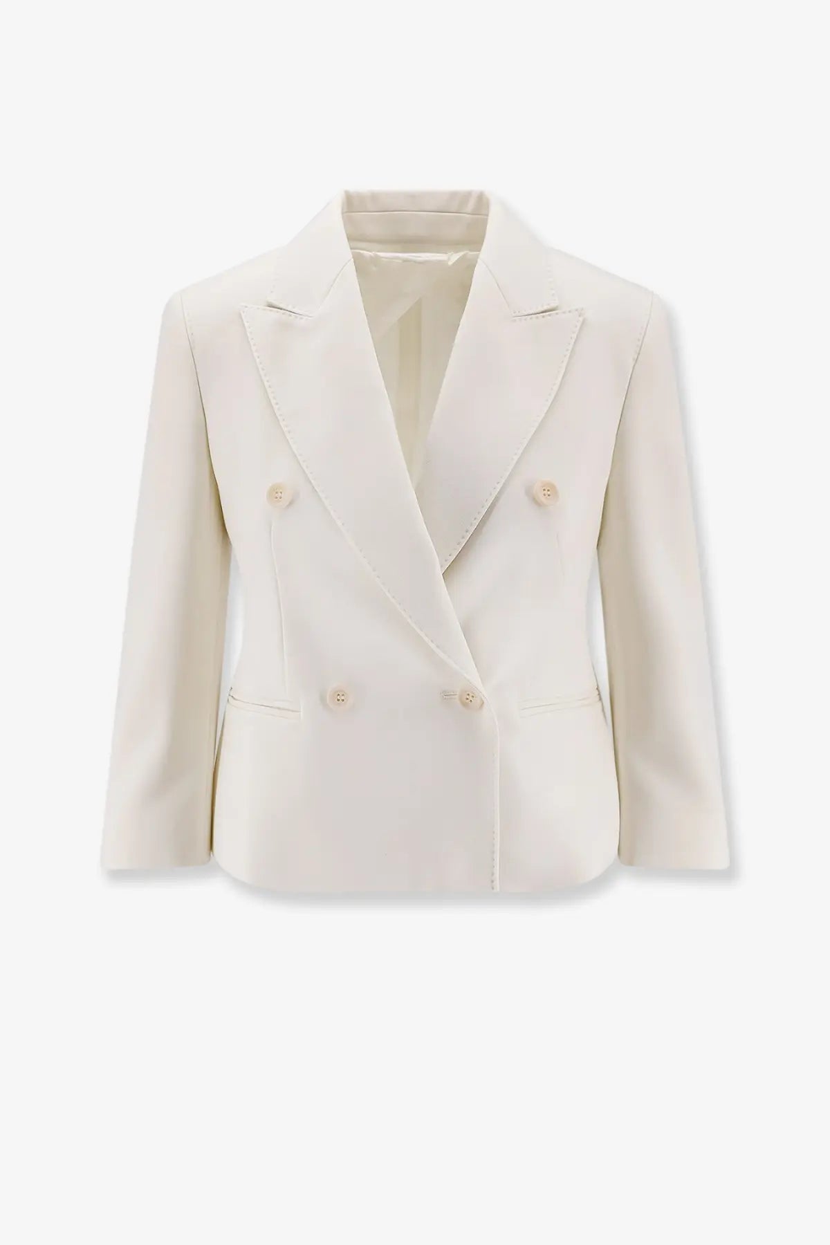 Cream-colored double-breasted Max Mara women’s blazer with subtle texture matching buttons in stretch virgin wool