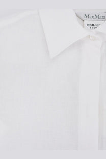 White cotton button down shirt with classic collar and subtle texture featuring the Max Mara brand label