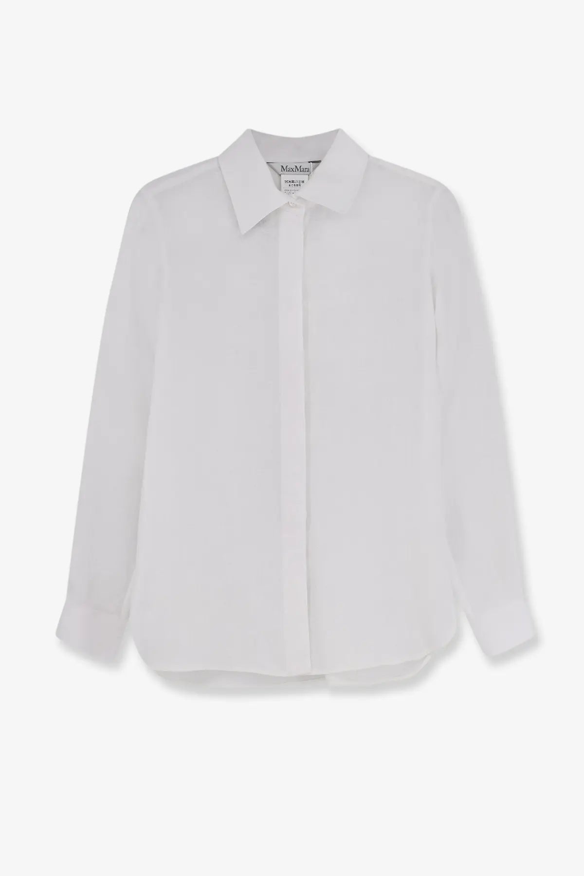Max Mara women’s mxmfalasco white linen shirt with long sleeves classic collar and subtle front pleats