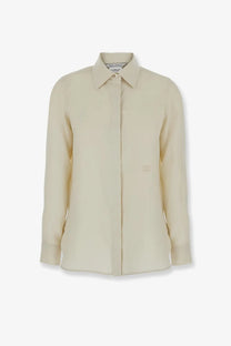 Max Mara women’s mxmfalasco vissuto cream beige linen long-sleeved button-up shirt with classic collar and front pocket