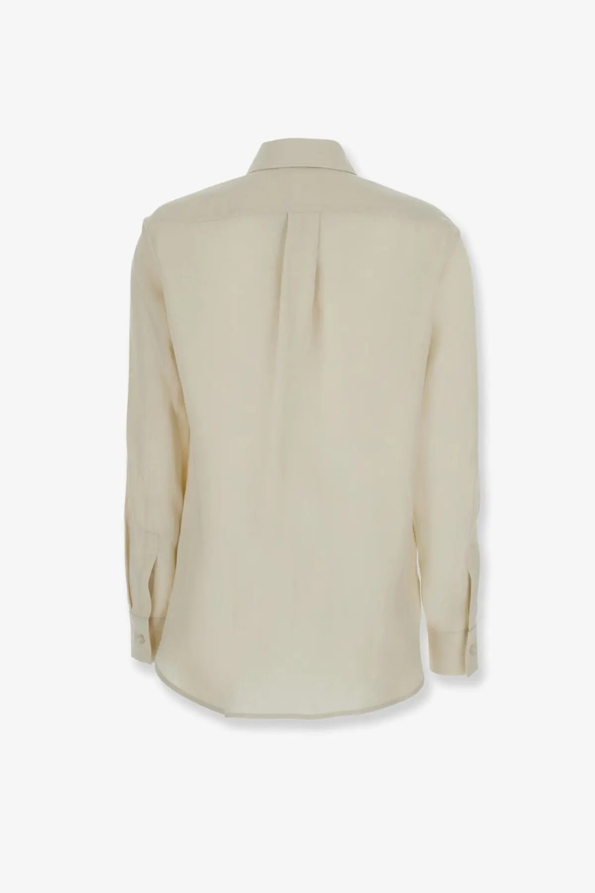 Beige Max Mara women’s mxmfalasco vissuto linen shirt with long sleeves, subtle back pleat, and finished cuffs shown from back side
