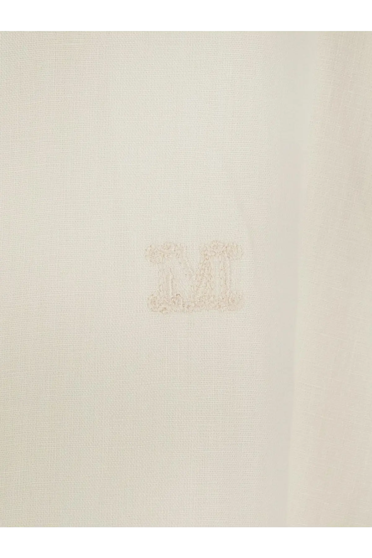 Max Mara women’s mxmfalasco vissuto linen shirt beige with subtle cream embroidered M logo on textured fabric