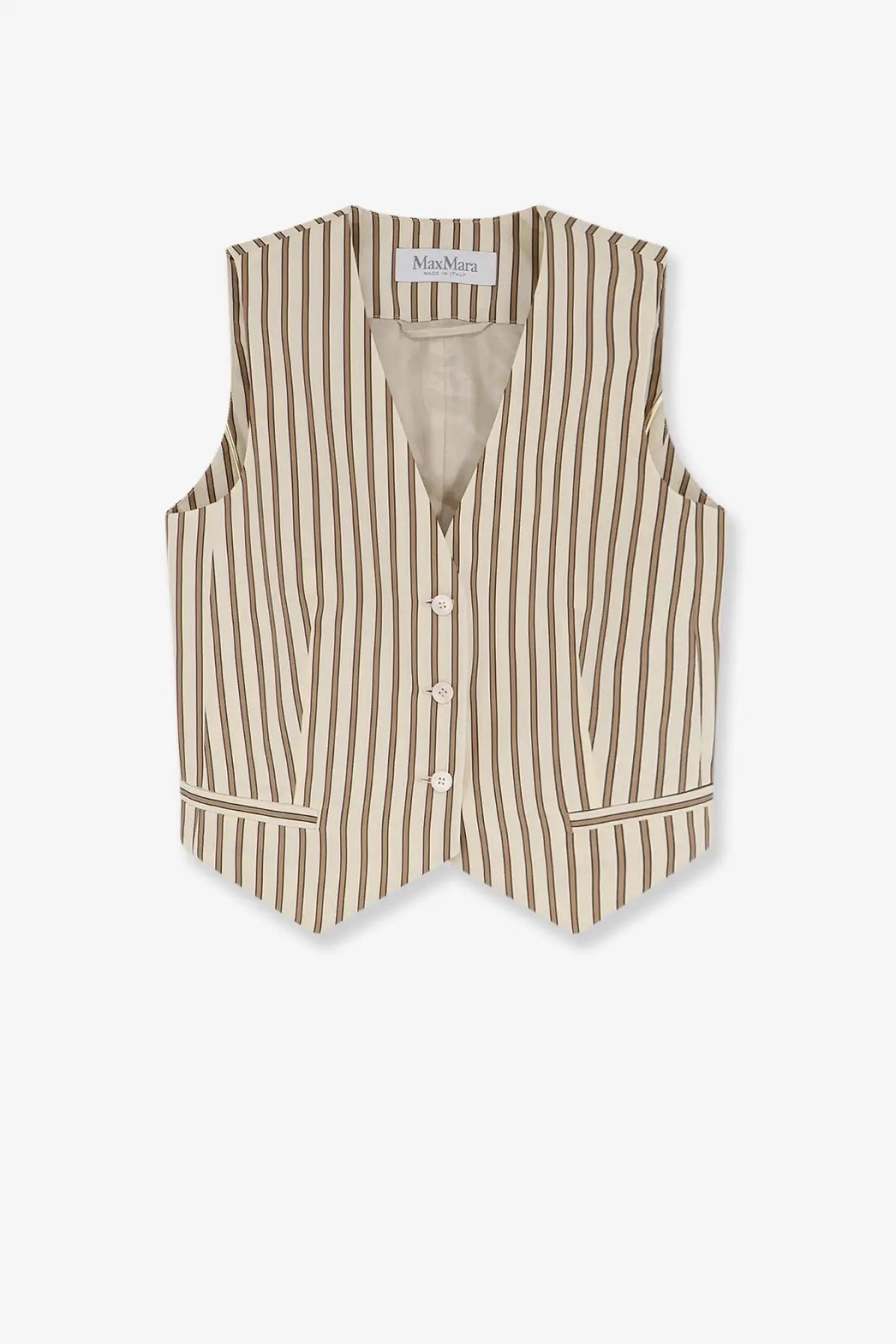 Max Mara women’s mxmfauno beige and brown striped cotton and silk vest with button-front closure