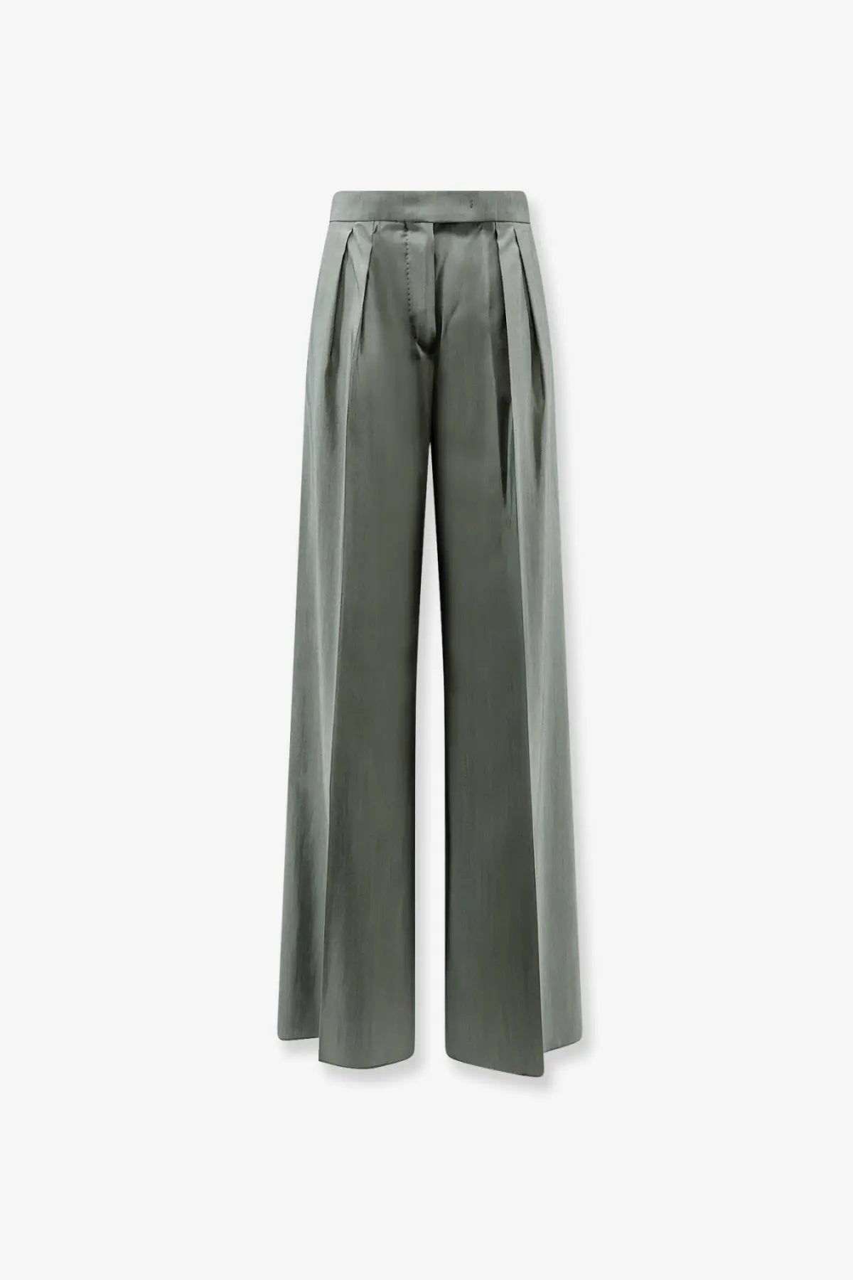 Max Mara women’s mxmgiallo olive green high-waisted wide-leg trousers in matte virgin wool and silk satin fabric