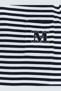 Max Mara women’s Mxmoboli black and white striped cotton t-shirt with stitched pocket and embroidered m logo