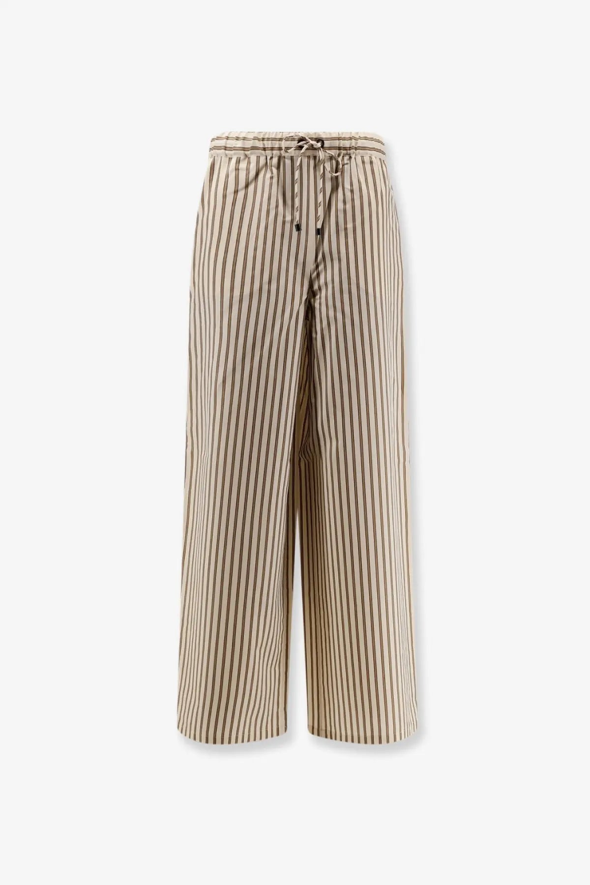 Max Mara women’s mxmordine beige cotton and silk trousers with black vertical stripes elastic waistband and drawstring