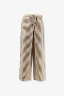 Max Mara women’s mxmordine beige cotton and silk trousers with black vertical stripes elastic waistband and drawstring