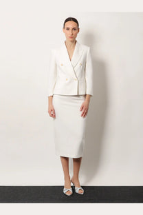 A sleek white double-breasted blazer with gold-toned buttons and tailored fit paired with max mara stretch virgin wool skirt white