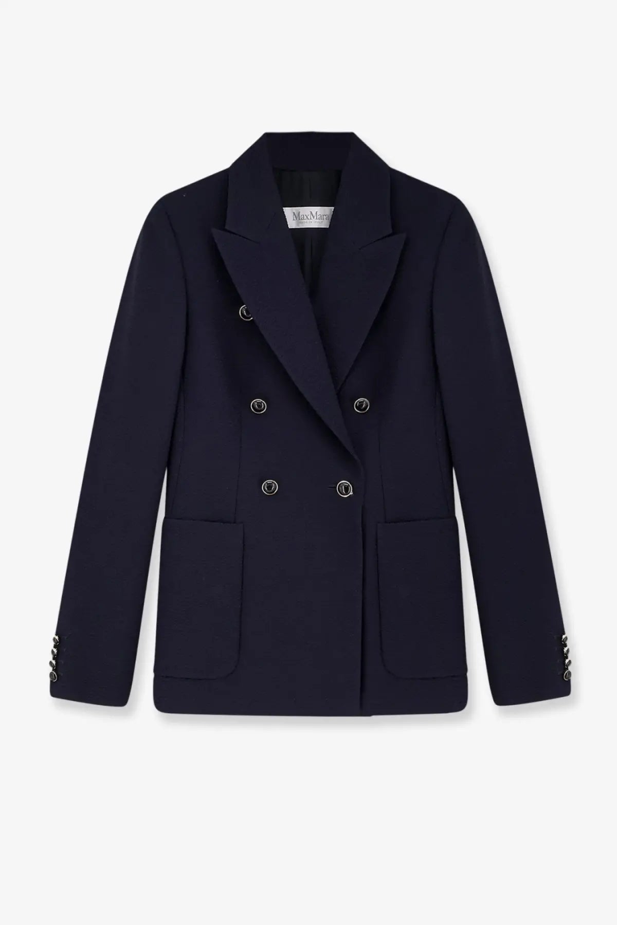 Navy blue Max Mara womens double-breasted virgin wool blazer with silver buttons and cuff embellishments