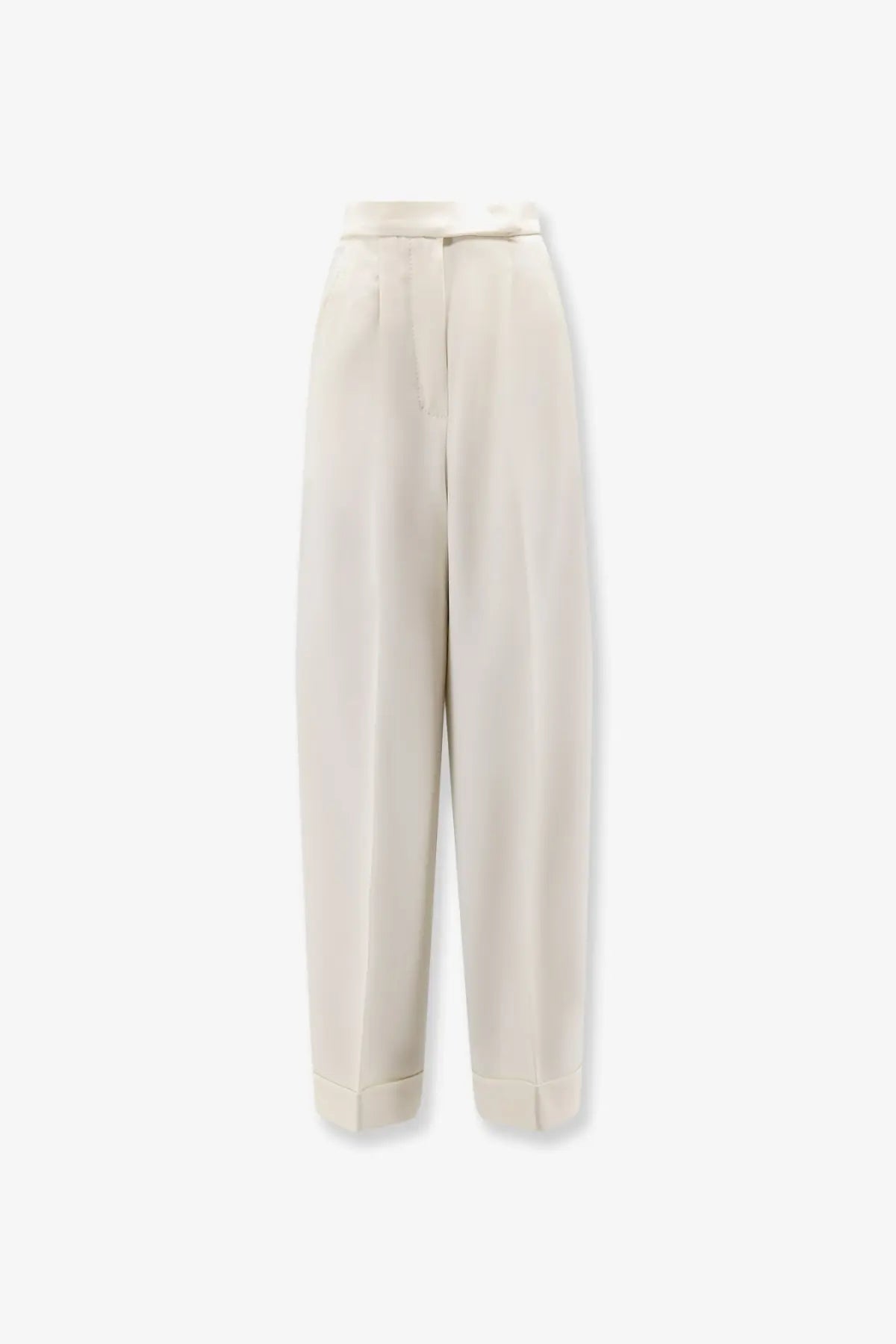 Cream-colored high-waisted Max Mara women’s mxmrugiada virgin wool trousers with tailored fit and subtle front pleats