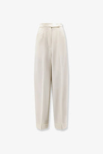 Cream-colored high-waisted Max Mara women’s mxmrugiada virgin wool trousers with tailored fit and subtle front pleats