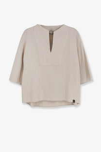 Max mara women’s mxpsospiro linen and viscose beige blouse with subtle v-neckline and flowing three-quarter sleeves