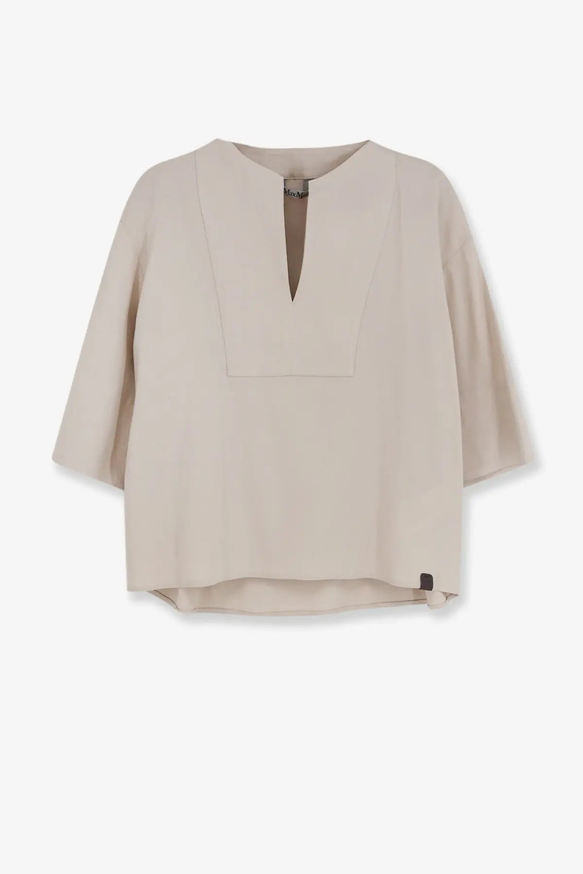 Max Mara women’s mxpsospiro beige linen and viscose shirt with lightweight fabric v-neckline and flowing three-quarter sleeves