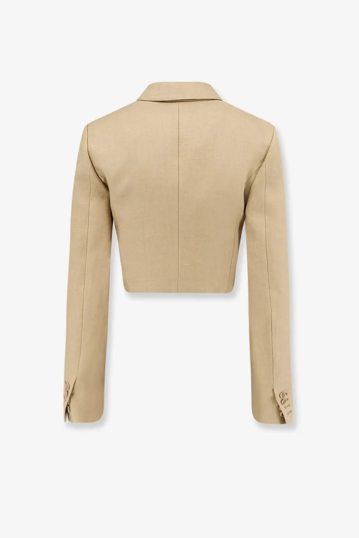 Beige linen cropped blazer with long sleeves and structured back by max mara women’s mxsbuono collection shown from back
