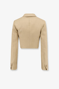 Beige linen cropped blazer with long sleeves and structured back by max mara women’s mxsbuono collection shown from back