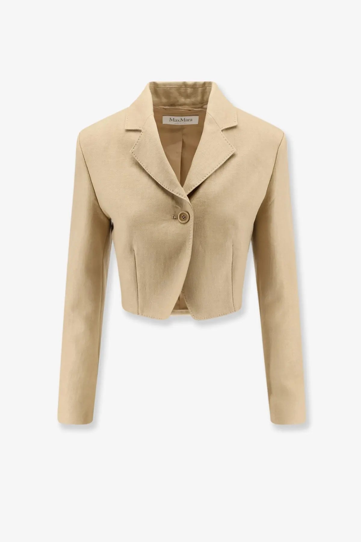 Max Mara women’s Mxsbuono beige linen cropped blazer with single button closure and structured shoulders