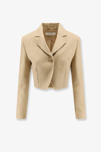 Max Mara women’s Mxsbuono beige linen cropped blazer with single button closure and structured shoulders