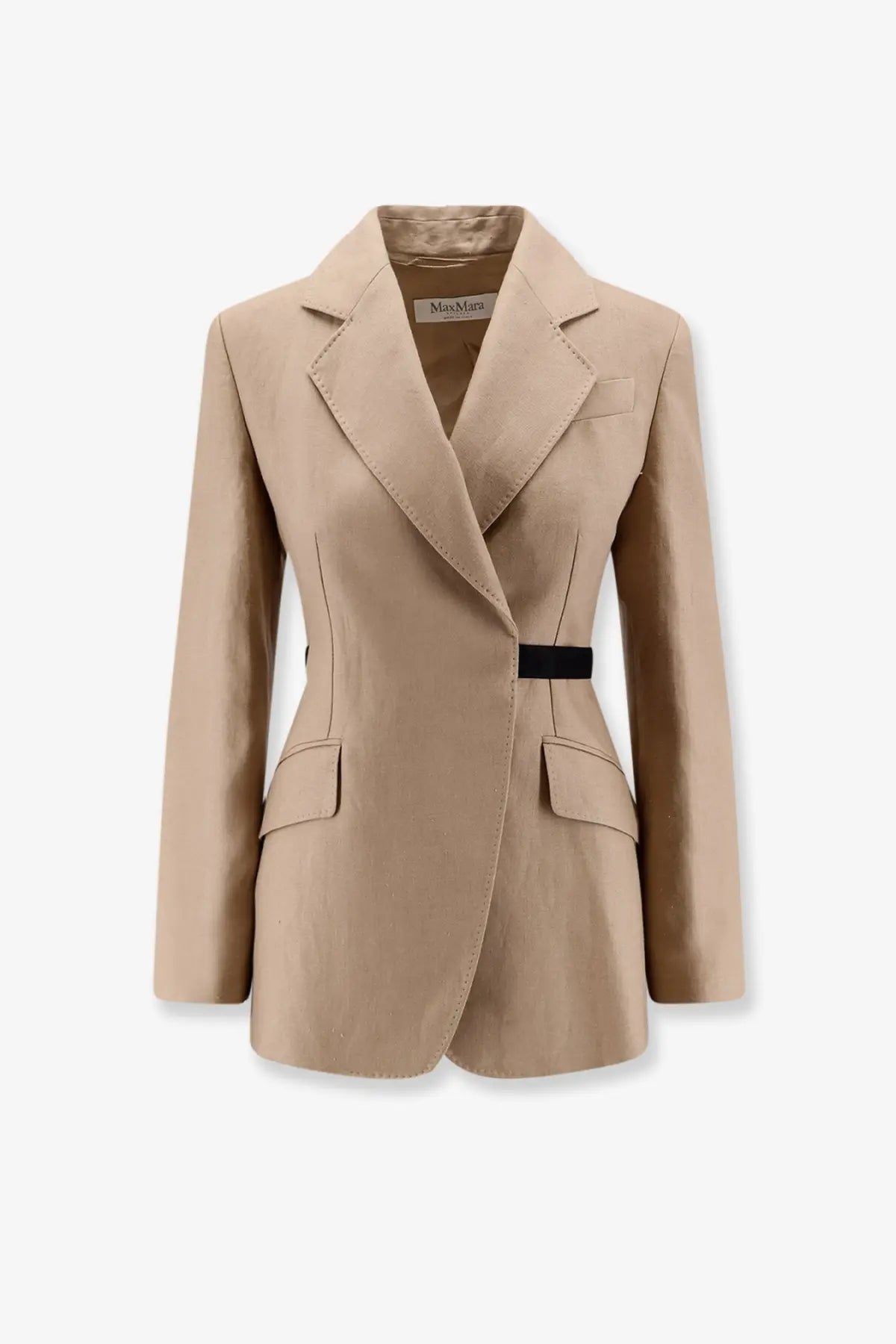 Beige Max Mara women’s Mxsfionda linen blazer with black belt accent and structured design