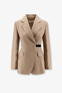 Beige Max Mara women’s Mxsfionda linen blazer with black belt accent and structured design
