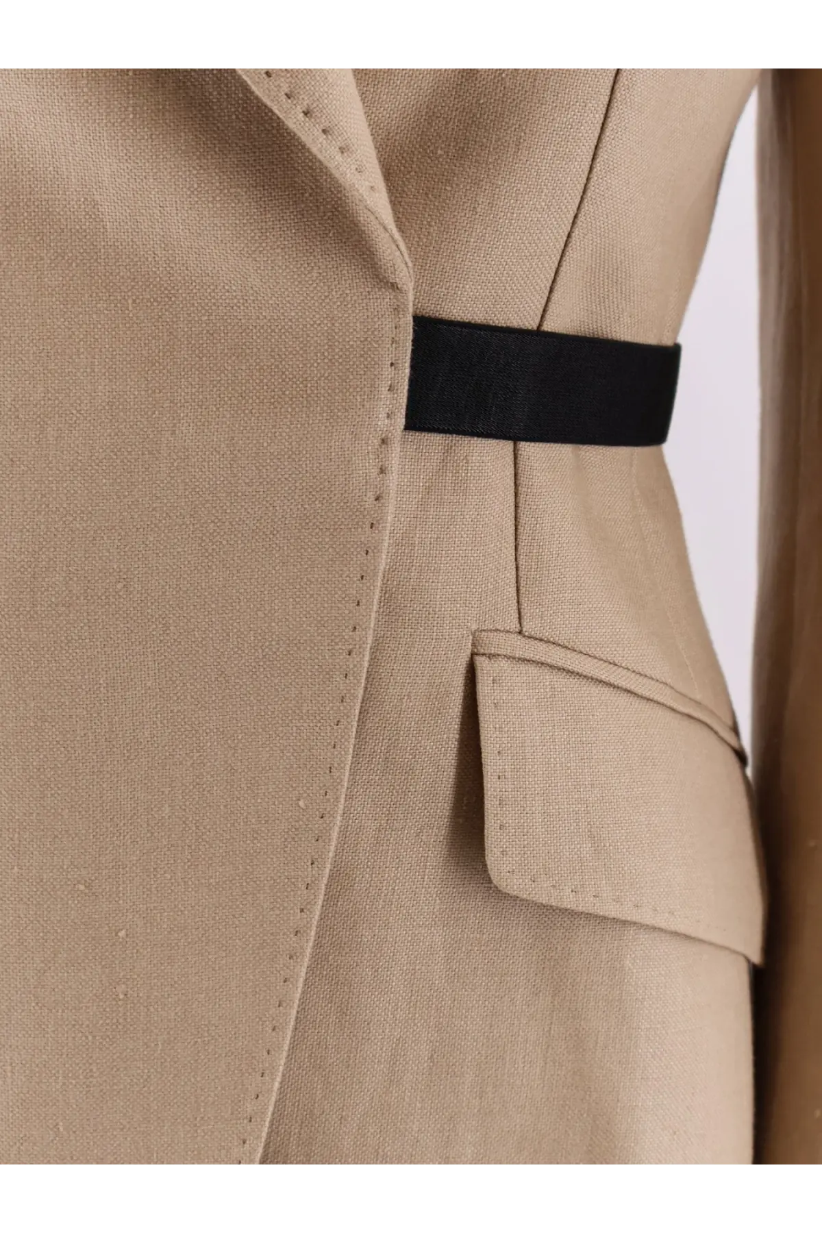 Max Mara women’s beige linen blazer with textured fabric and sleek black satin belt accent