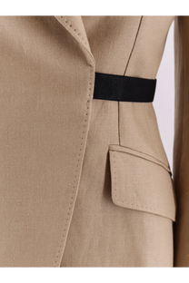 Max Mara women’s beige linen blazer with textured fabric and sleek black satin belt accent