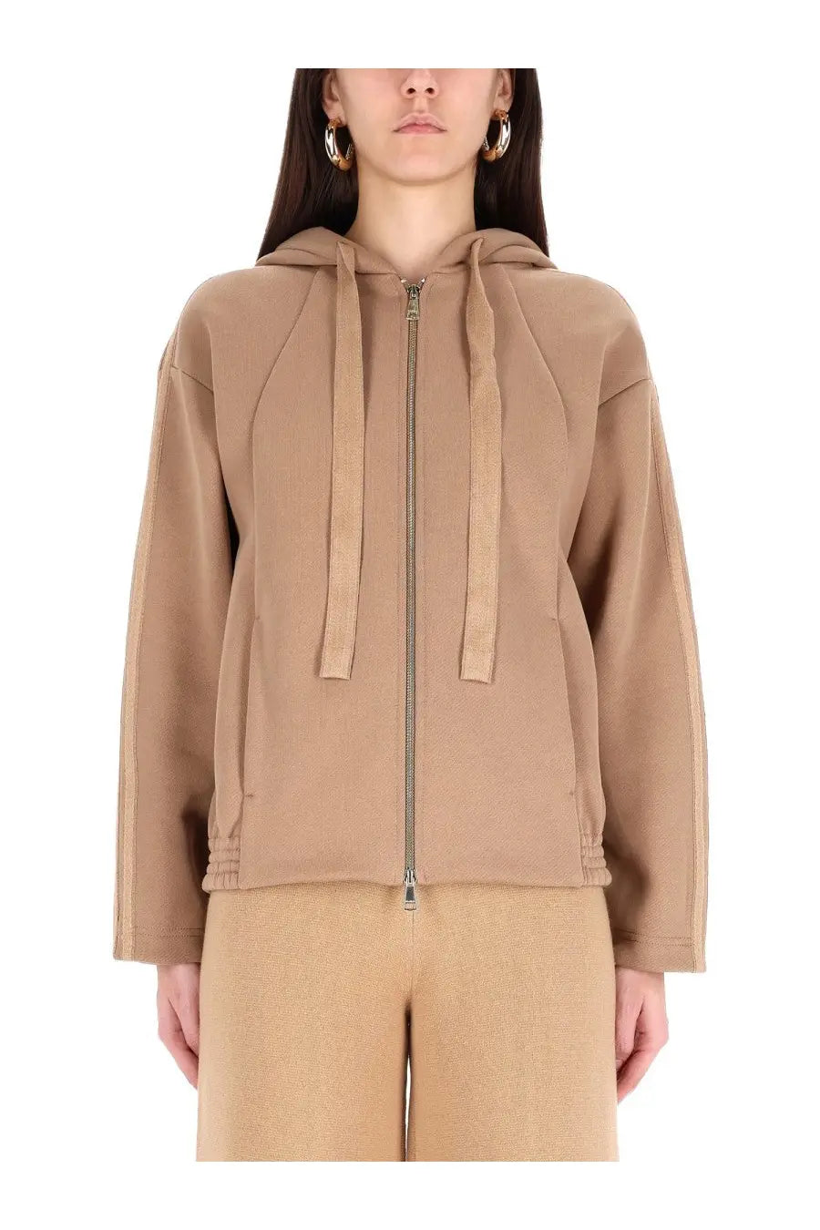 Max Mara women’s omelia sweatshirt brown beige zip-up hoodie with drawstring hood and ribbed cuffs