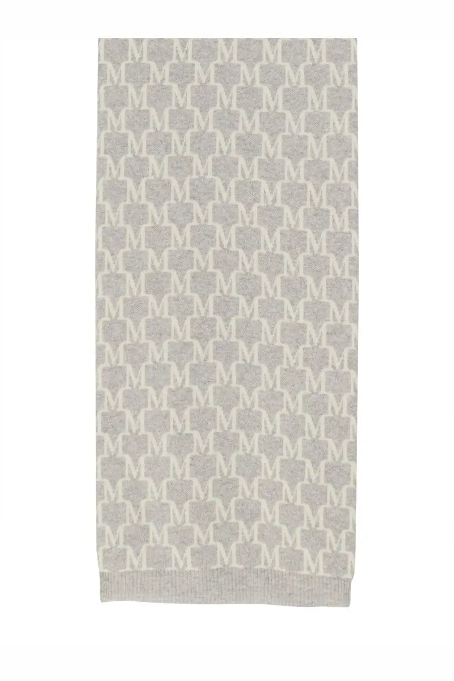 A soft heather gray knit Max Mara women’s Orli scarf with a repeating monogram pattern in darker gray