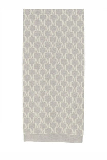 A soft heather gray knit Max Mara women’s Orli scarf with a repeating monogram pattern in darker gray