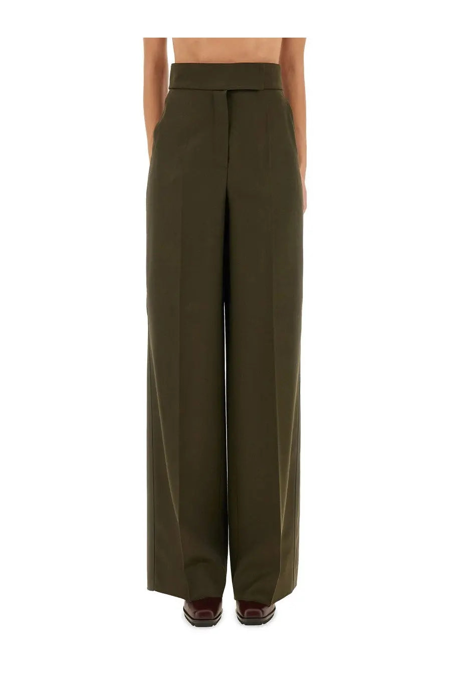 Max Mara women’s olive green wide-leg trousers with high waist and tailored lines for a polished look