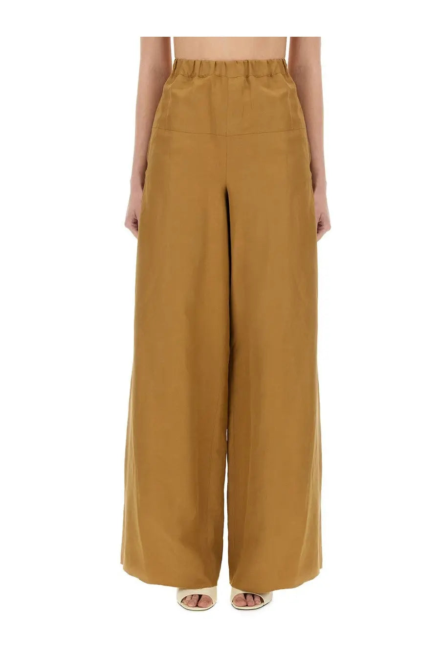 Max mara women’s high-waisted wide-leg mustard-yellow trousers in lightweight fabric with elasticated waistband