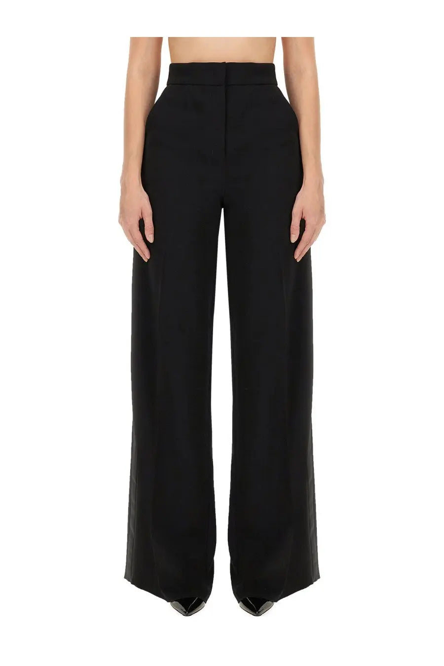 Max Mara women’s black high-waisted wide-leg pants with a sleek tailored fit in Holm Oak fabric