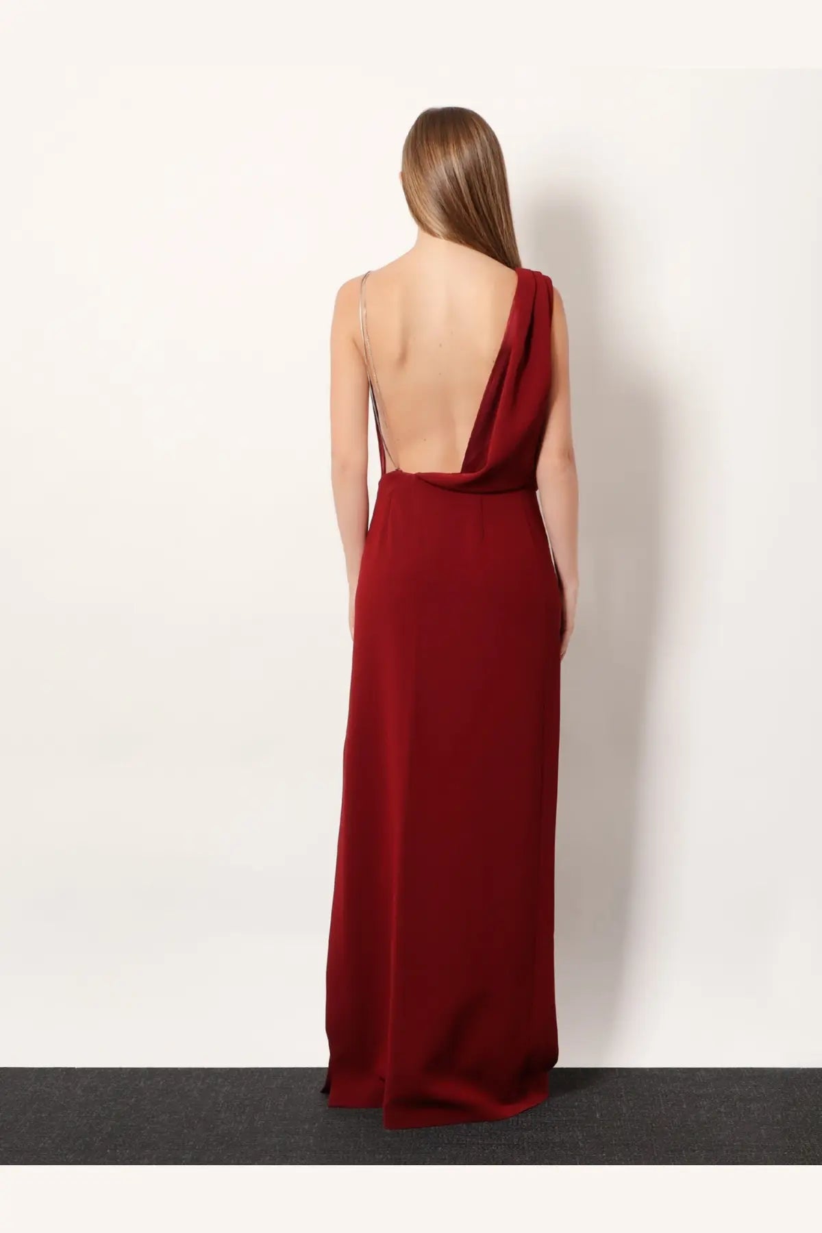 Max mara women’s pentola long dress red deep red flowing maxi dress with draped one shoulder design and thin straps
