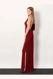 Max Mara women’s pentola long dress red in deep red satin with high slit and black back panel shown from the back
