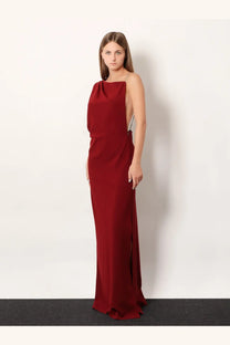 Max Mara women’s pentola long dress in deep red satin with a draped one shoulder design and high slit