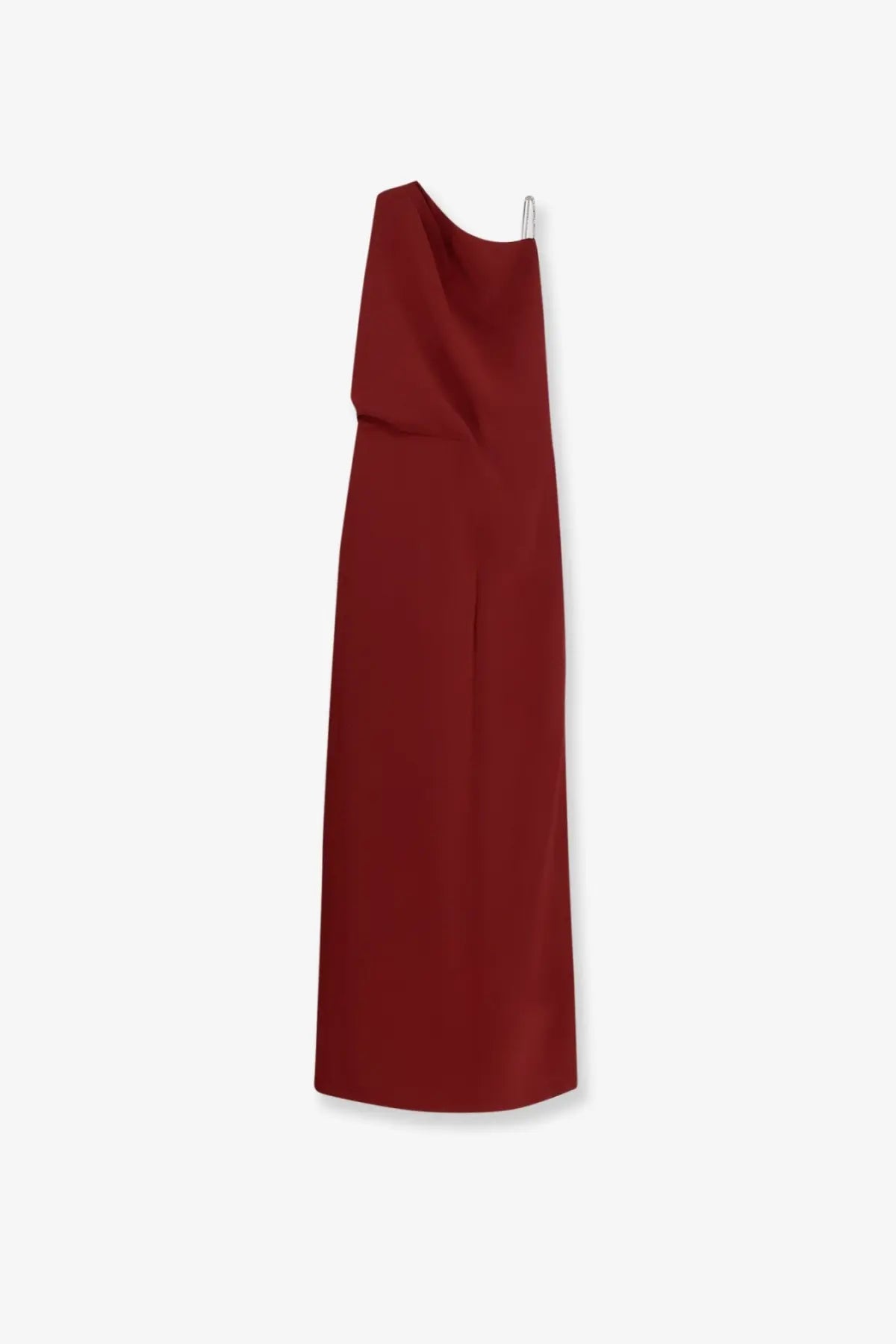 Max Mara women’s Pentola long dress in burgundy satin with one shoulder and thin silver straps