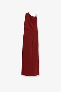 Max Mara women’s Pentola long dress in burgundy satin with one shoulder and thin silver straps