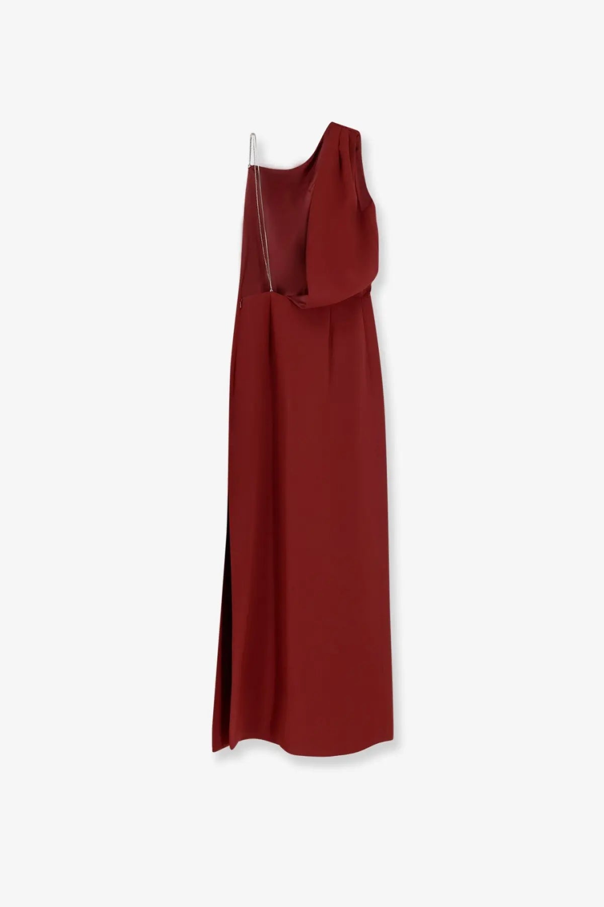 Max mara women’s pentola long dress red is a sleek one-shoulder burgundy silk gown with draped neckline and high slit