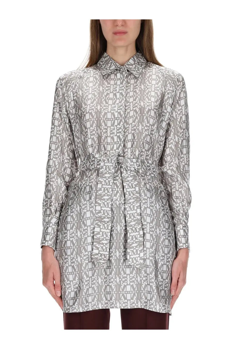 Max mara women’s printed silk chemisier dress in beige with gray and white geometric pattern, long sleeves, collar, and belted waist
