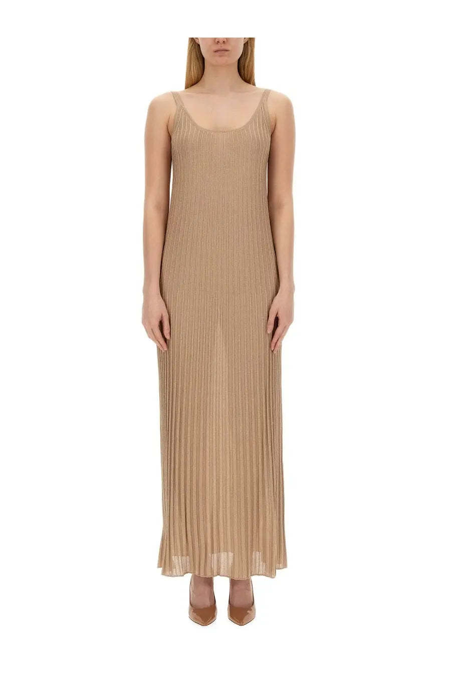 Max Mara women’s rhythm piano dress beige pleated maxi dress with thin spaghetti straps and square neckline