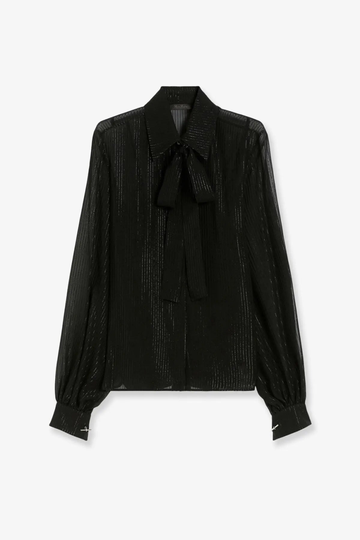 Max Mara women’s Scafati black silk shirt with sheer fabric shimmer and bow at the neckline