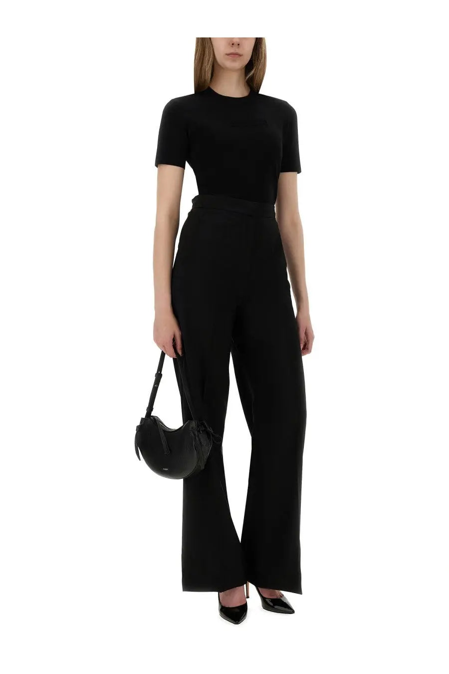 Max Mara women’s black leather crescent handbag with single shoulder strap featured in Shirt Adelio collection