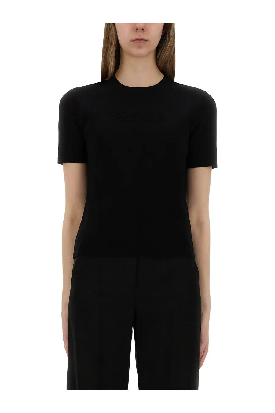Max Mara women’s shirt Adelio black short-sleeved fitted top with round neckline in soft breathable fabric