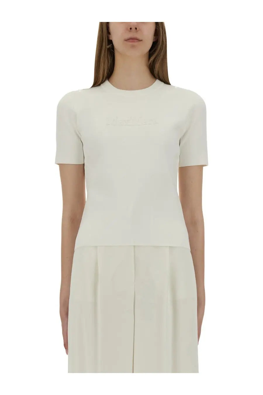 Max Mara women’s off-white short-sleeved knit top with subtle texture and clean crew neckline Adelio White
