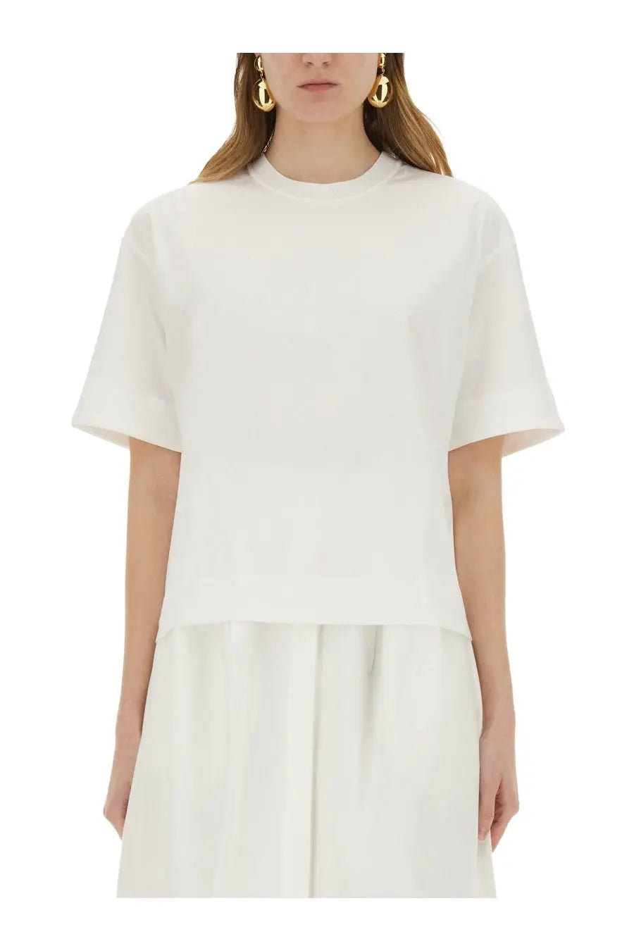Max Mara women’s shirt Estella white short-sleeved top with relaxed fit and subtle tiered hem in minimalist style
