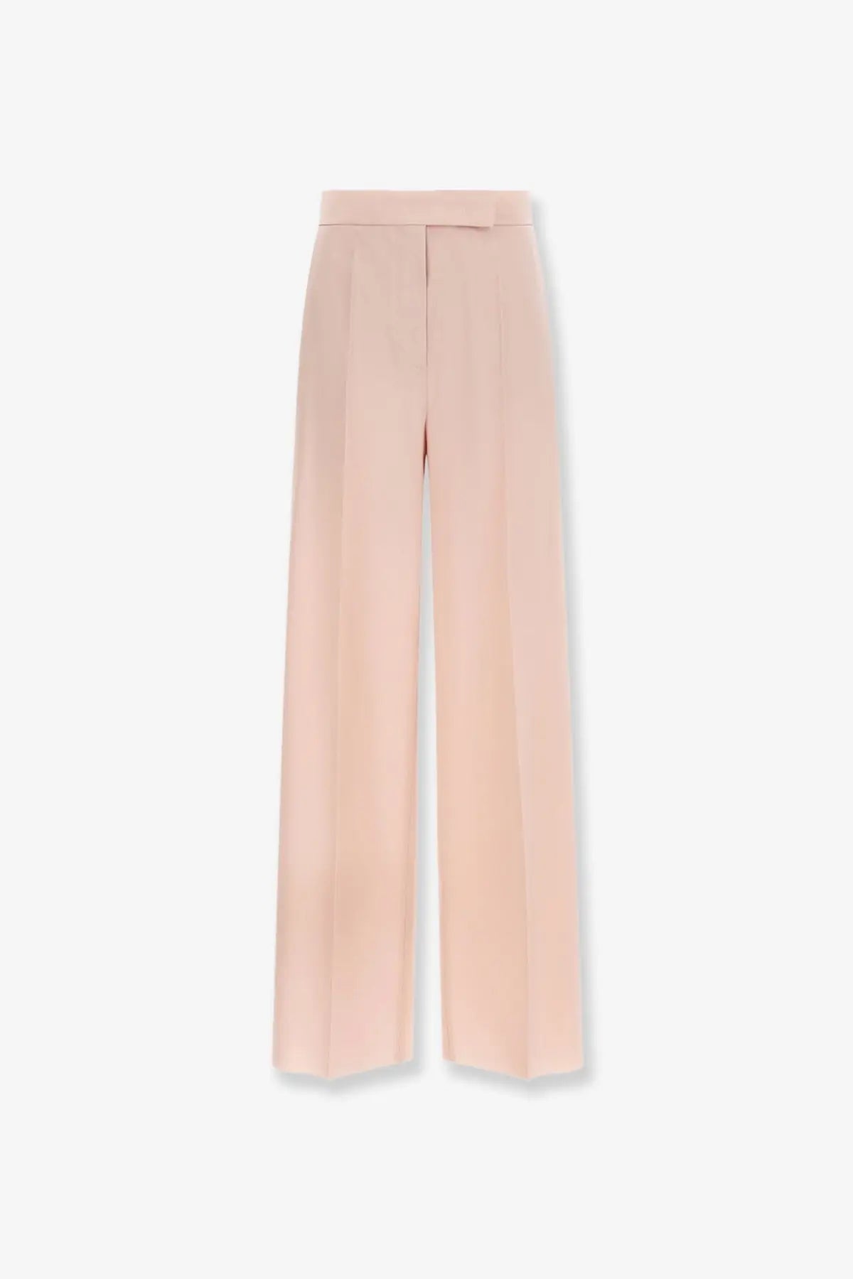 Max Mara women’s high-waisted wide-leg trousers in beige silk and mohair with tailored pleats down the front