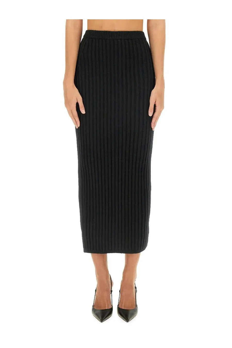 Max mara women’s silk skirt black ribbed knit midi skirt showcasing elegant texture and sleek fit
